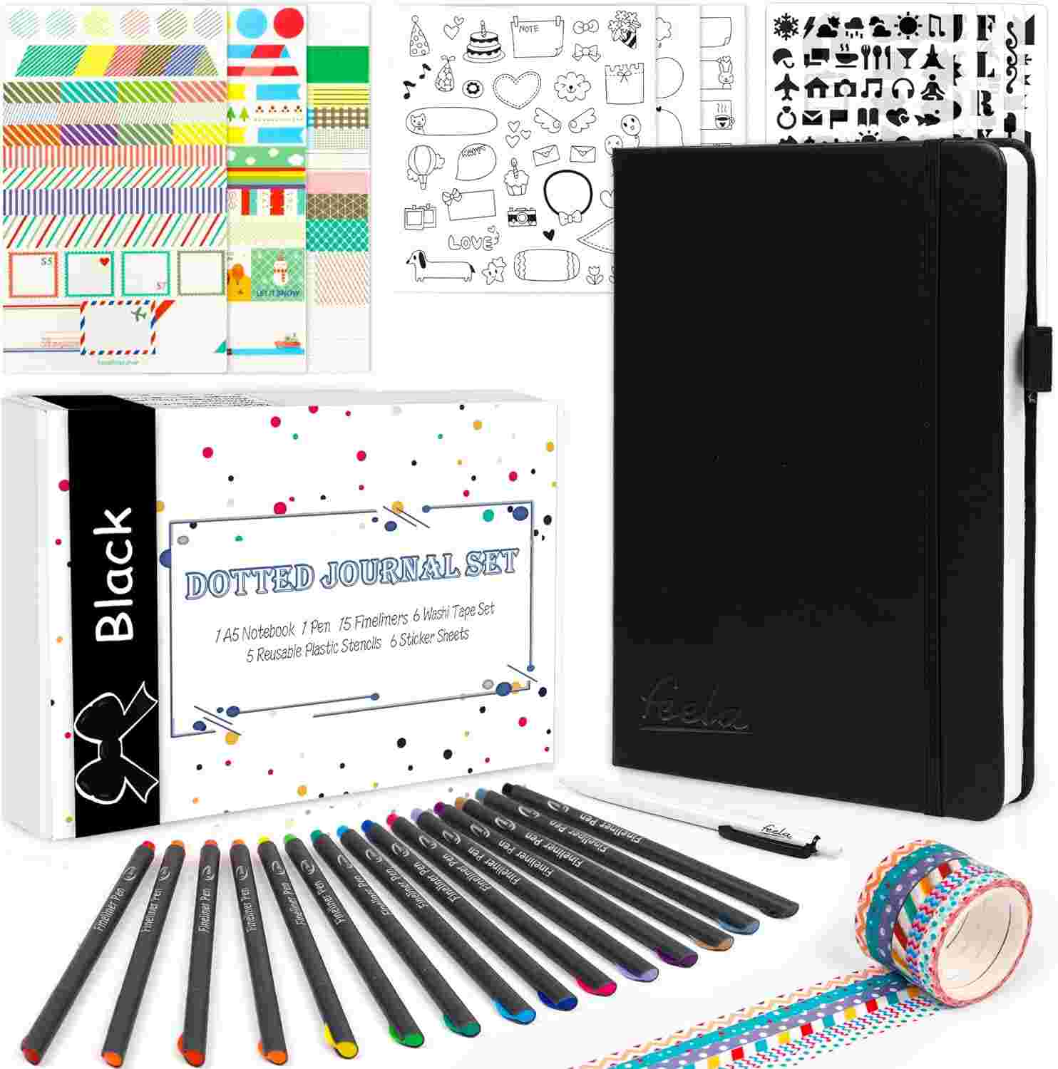 Dotted Journal Kit, Feela Dot Grid Journal Hardcover Planner Notebook Set For Beginners Women Girls Note Taking with Journaling Supplies Stencils Stickers Pens Accessories, A5, 224 Pages, Black