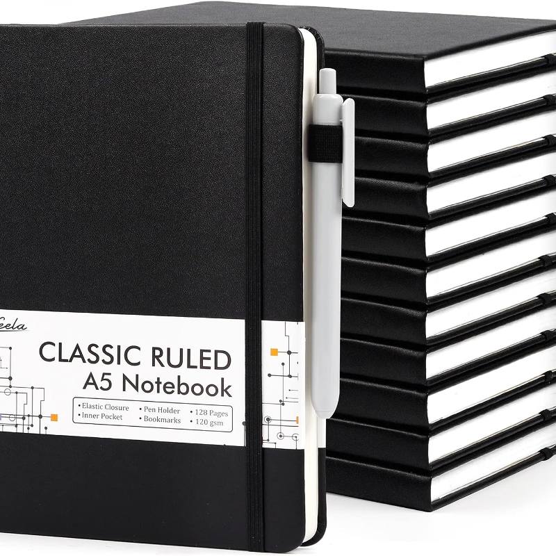 feela 12 Pack Notebooks Journals Bulk with 12 Black Pens, A5 Hardcover Notebook Classic Ruled Journal Set with Pen Holder for School Business Work Travel Writing, 120 GSM, 5.1”x8.3”, Black 