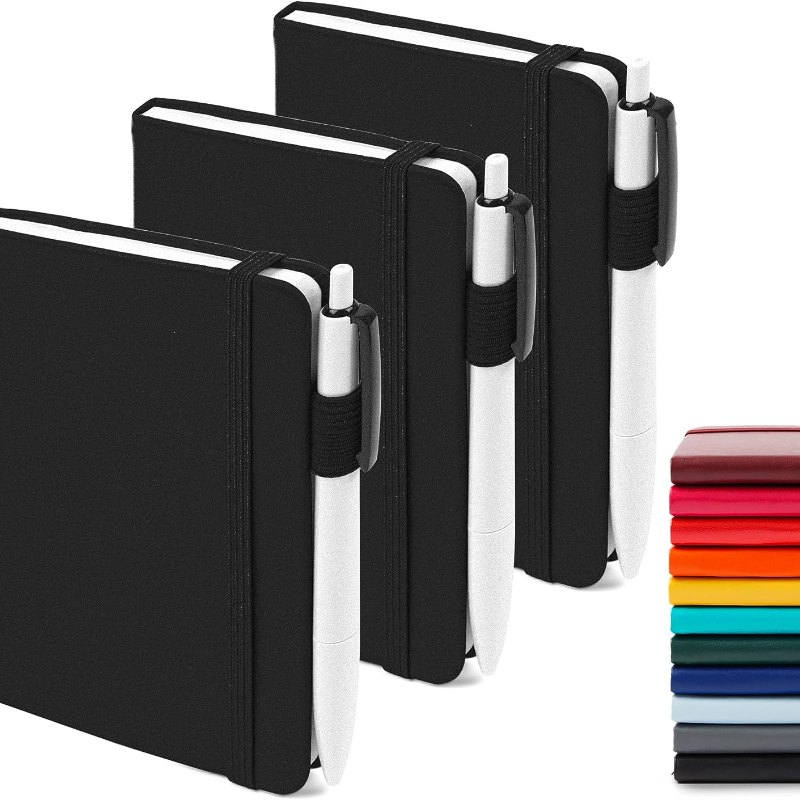 feela 3 Pack Pocket Notebook Journals with 3 Black Pens, A6 Mini Cute Small Journal Notebook Bulk Hardcover College Ruled Notepad with Pen Holder for Office School Supplies, 3.5”x 5.5”, Black 