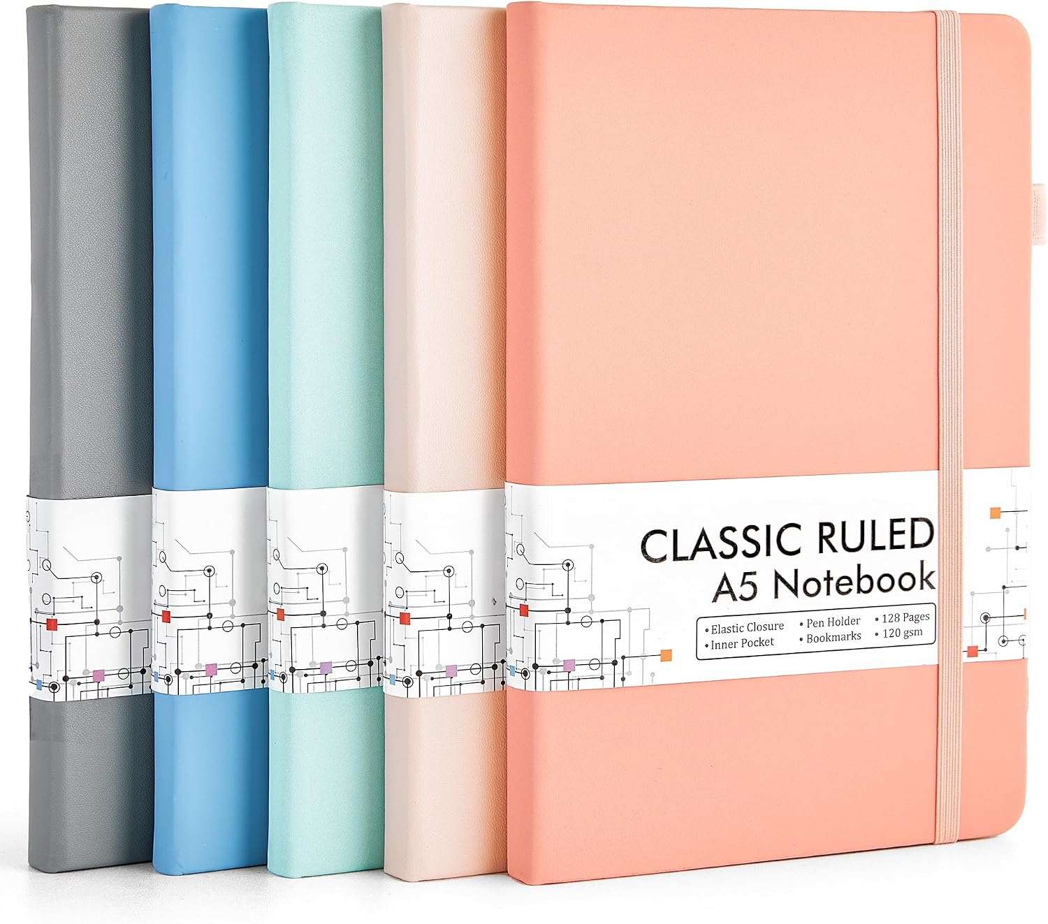 feela 5 Pack Notebooks Journals Bulk, Hardcover Classic Ruled Lined Journals with Pen Holder for Women Girls School Business Supplies, with 5 Black Pens, 120 GSM, 5.1”x8.3”, A5, Mild Colors